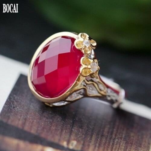BOCAI new real s925 sterling silver jewelry handmade inlaid red corundum female ring adjustable vintage Thai silver woman rings