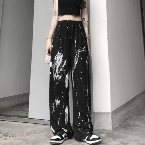 Black Punk Overalls Girls Korean Stretch Waist Sweatpants Loose Gothic Pants Summer And Autumn Hip-Hop Harajuku Trousers Men