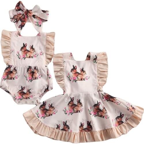 Kids Girls Sister Easter Dress Romper Rabbit Floral Print Square Collar Baby Clothing Headwear Set Cute Newborn Infant Toddler