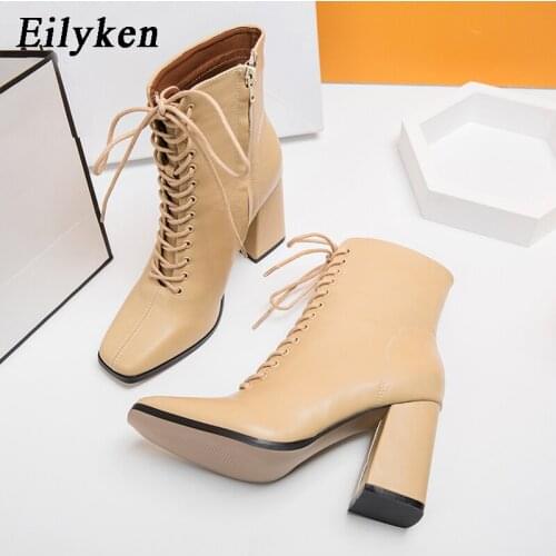 EilykenNew Elegant Square Toe Cross Lace-Up Women Winter Shoes Fashion Zip Thick High Heels Ladies Shoes Plus Size 35-42
