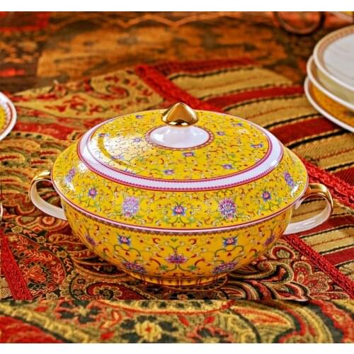 Jingdezhen ceramics high quality bone china double ears big soup bowl with cover soup basin pan noodles bowls dishes tableware