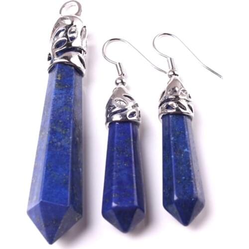 KFT Natural Healing Pendulums Lapis Lazuli Hexagon Prism Stone Pendant Dangle Hook Earrings Pendulum Jewelry Sets