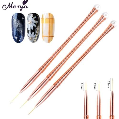 Monja 3 Pcs/Set 16/19/21mm Nail Art French Stripe Lines Painting Liner Brush Gold Handle Flower Grid Pattern DIY Drawing Pen