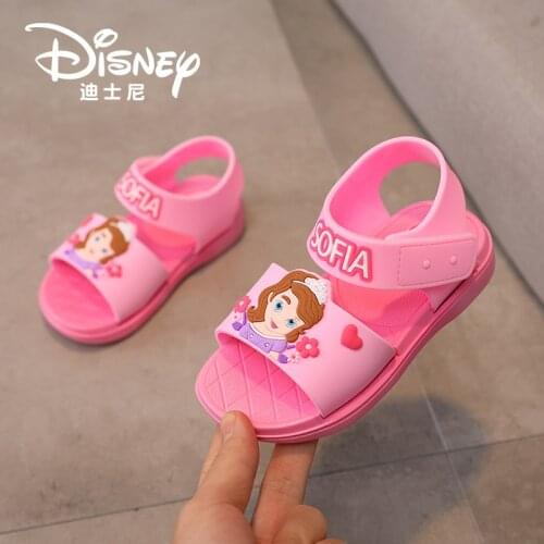 Summer Soft Beach Shoes Girls Cute Disney Princess Sofia Cartoon Sandals Antiskid Shoes PVC Hook&Loop Outdoor Sandalies 2-12Y