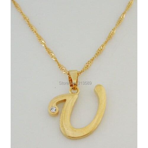 Min order 10$/ - YELLOW GOLD COLOR GP 18" NECKLACE& 26 LETTERS ALL HAVE LETTER U INITIAL PENDANT CZ/Great Gift