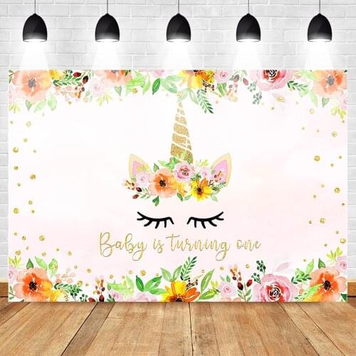 MOCSICKA Unicorn Themed Birthday Background Baby One Birthday Photography Backdrop Flowers Glitter Cake Table Banner Decoration