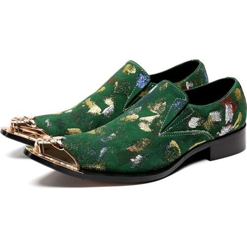 Metal Pointed Toe Mens Dress Shoes Green Leather Black Luxury Wedding Shoes Dot Print Men Flats Office Formal Shoe