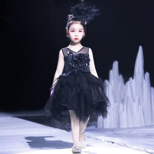 Flower Girl Dresses Illusion Sleeveless V-Neck Tulle Lace Crystal Appliques Princess Knee-Length Navy Blue Kids Party Gown H594