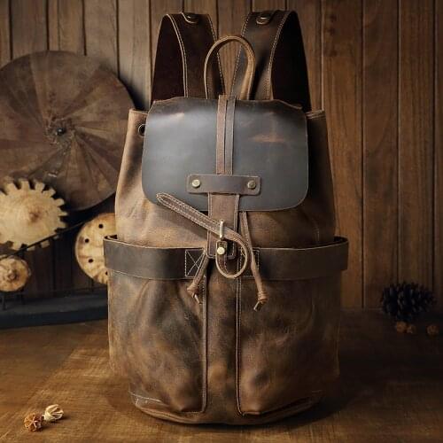 Large capacity man travel bag handmade Oil Genuine Leather drawstring bucket shoulder bag Daypack Male mountaineering backpack