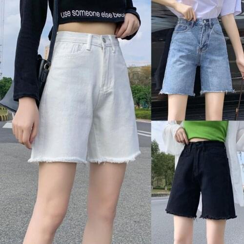 Summer Fashion Women Shorts Solid Color High Waist Pockets Denim Straight Short Pants for Shorts Female Streetwear Daily Life