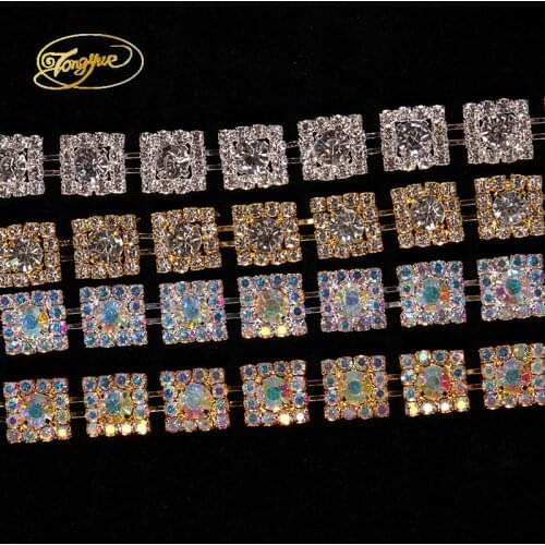 1YD Zircon Alloy Glass Rhinestone Compact Close Chain Square Gold and silver color wedding decoration DIY Rhinestone accessories