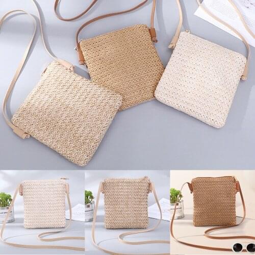 Women Ladies Straw Shoulder Bags Hand-Woven Zipper Crossbody Beach Fashion Solid Color Small Bag