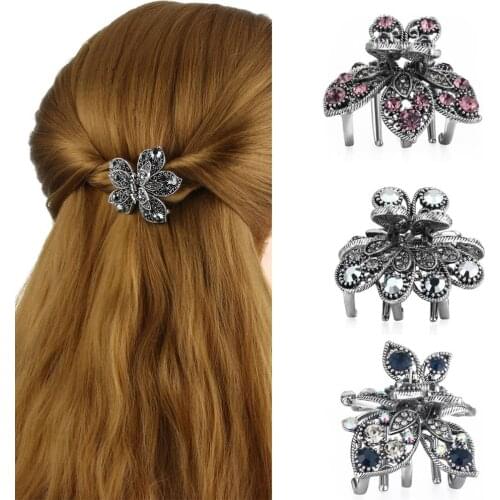 Luxury Crystals Butterfly Hair Clips for Women Female Rhinestones Flower Hair Claws Retro Metal Hairpin Crab Hair Accessories