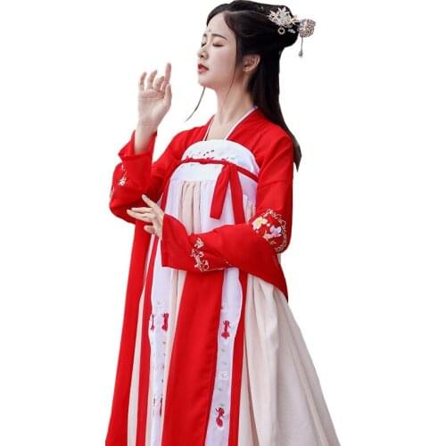 Hanfu Womens Breast Skirt Easy-Four Seasons Daily Fairy Skirt Improved Ancient Dress Chinese style red and white hanfu dress