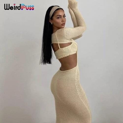 Weird Puss Sexy Hollow Knitting Two-Piece Sets Women Stretchy Camisole+Long Sleeve Dress Matching Suit Autumn Elegant Clubwear