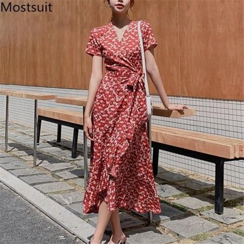 Floral Printed Bohemia Chiffon Dress Women Summer Short Sleeve V-neck Sashes Ankle-length Dresses Beach Holiday Ladies Vestidos