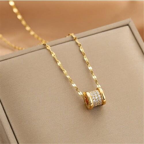 316L Stainless Steel Non-fading Titanium Steel Roman Numerals Full Crystal Cylinder Pendant Necklace