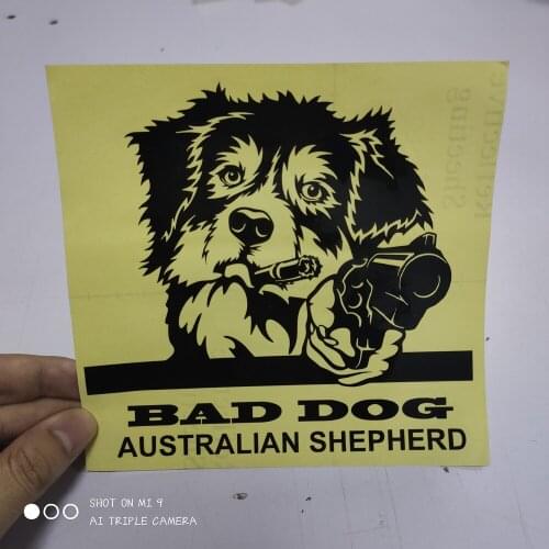 FD526 Cute Funny Bad Australian Shepherd Dog With Gun Die-Cut Vinyl Car Sticker Bumper Window Wall Laptop Decal