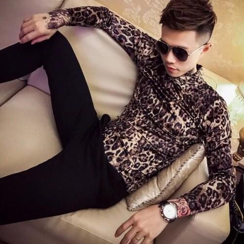 2020 New Personality leopard T Shirt Mens spring cotton T-shirts Summer Korean Tight half-high collar Men bottoming Tshirt Tops