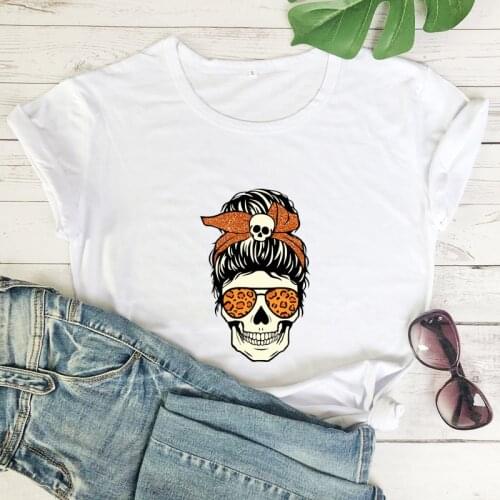 Halloween Skull Mom Colored T-shirt Aesthetic Spooky Mama Graphic Tee Shirt Top Funny Women Holiday Goth Tshirt