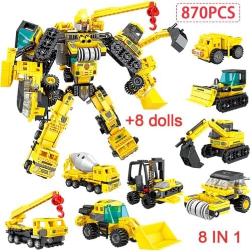 City Technical Engineering Car Transformation Robot Excavator Building Blocks 8in1 Truck Vehicle Bricks Toy for Children