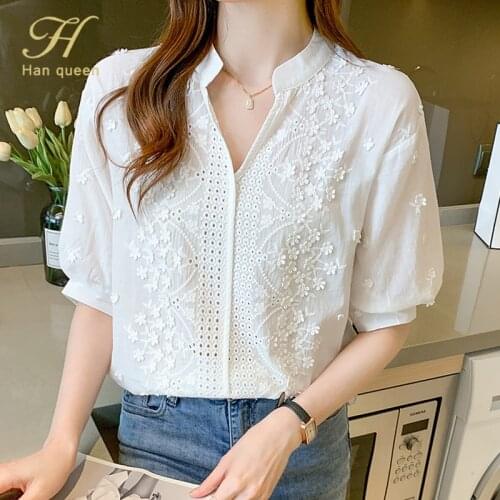 H Han Queen Cotton Embroidered Hollow out Office Lady Blusa White Simple Basic Tops New Chiffon Women Blouses Casual Shirts