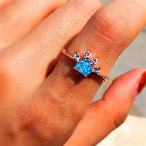 White Blue Purple Opal Heart Stone Ring Female Cute Cat Paw Dog Claw Rings For Women Charm Rose Gold Color Animal Footprint Ring