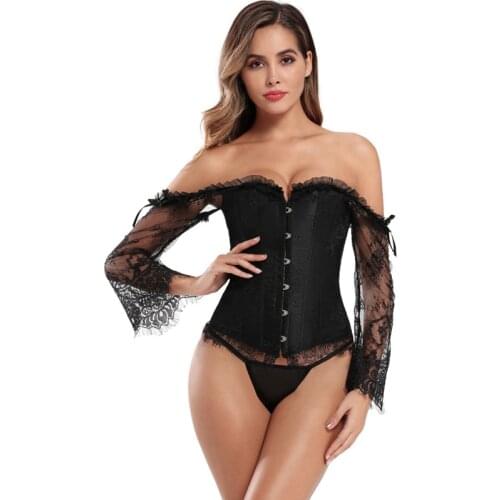 Lace Up Corselet Overbust Long Sleeve Bustier Sexy Women Steampunk Corset Party Club Wedding Plus Size S-6XL Corset Femme AW3443