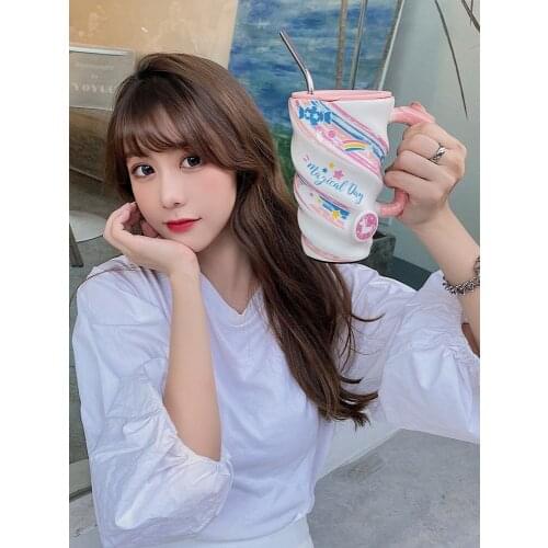 Water Cup Womens Office with ceramic cup cute super-green cup creative girl personality mug with cover spoon trend