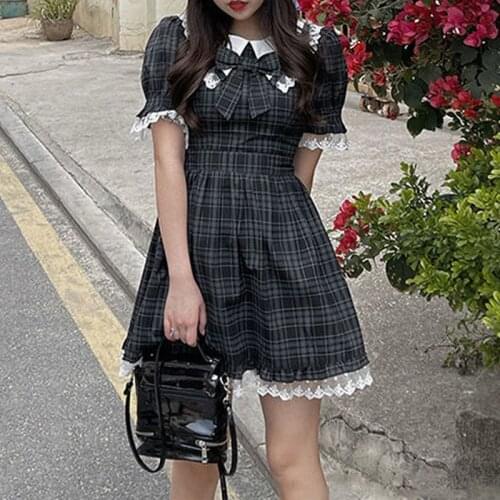 Summer Japanese Soft Girl Cute Doll Collar Bow Slim Waist Plaid Dress Gothic Harajuku Dark Lace Princess Kawaii Lolita Dresses