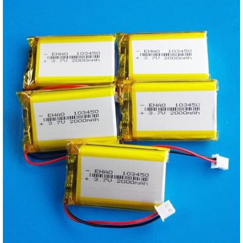 5pcs / Lot 3.7V 2000mAh lipo polymer lithium Rechargeable battery 103450 + JST XHR 2.54mm 2pin plug for MP3 GPS navigator DVD