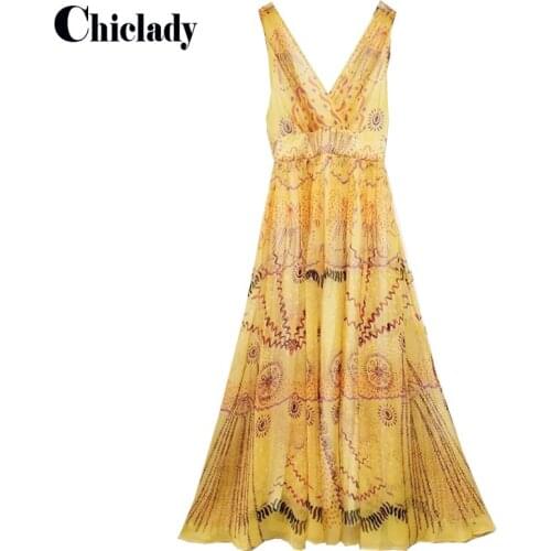 CHICLADY runway designer yellow deep v-neck sleeveless summer party dress long high waist printed vestidos de fiesta fashion Y2K
