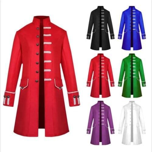 European American Mens Coat Solid Color Fashion Steampunk Retro Velvet Uniform Stand Collar Medieval Clothing Jacket