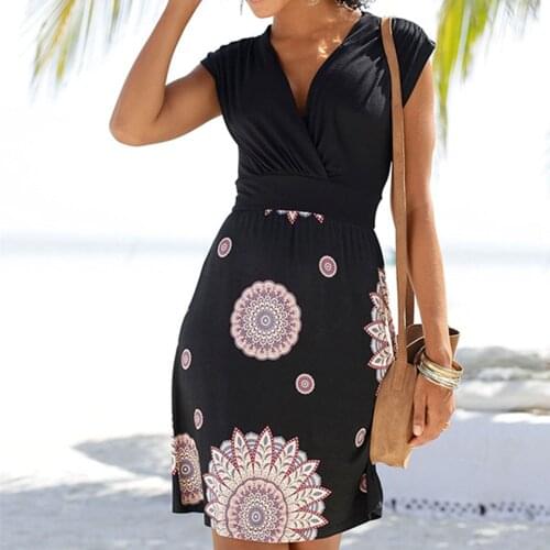 2020 New Black Print Boho Dresses Women Summer Casual Sexy Deep V-Neck Sleeveless Back Hollow Out A-Line Beach Style Short Dress