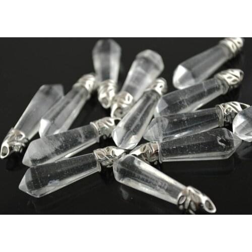 Natural Clear Crystal Point Pillar Metal Cap Stone Pendants