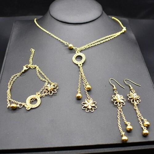 AMUMIU Earrings/Bracelet/Necklace Set Womens Stainless Steel Gold Color Jewelry Sets Nigerian African Costume Jewellery KTZ044