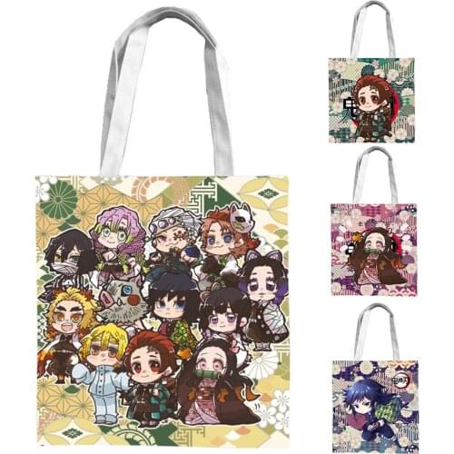 Anime Demon Slayer Cute Kamado Tanjirou Cosplay Cartoon Canvas Bag Shoulder Bag Men Women Student Reusable Shopping Bag
