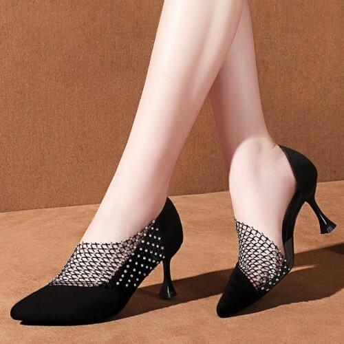 Fashion Mesh & Lace Hollow Stripe Crystal Ladies Casual Pointed Toe High Stilettos Heels Pumps Feminine Mujer Sandals Shoes
