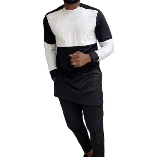 Nigerian Style Patchwork Mens Shirts+Pant Sets Customized African Party Wears Black/White Tops+ Solid Trousers