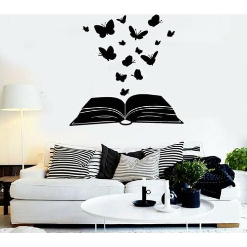 Vinyl Wall Decal Butterfly Open Book Reading Romantic Style Wall Sticker Study Library Book Store Interior Decor Art Mural S1178