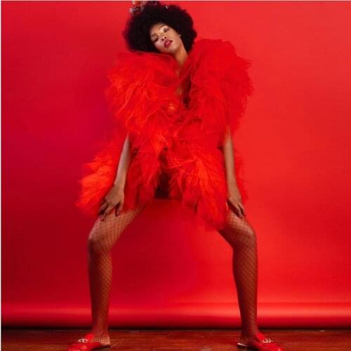 So Sexy Bright Red Trendy Sleeveless Organza Blouse Shirts Women 2020 Ruffle Puffy Tulle Party Tops Ruffles Tulle Top