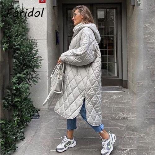 Foridol Argyle Hooded Long Parkas Coat Beige Pockets Zipper Oversized Women Winter Jacket Coat Grey 2021 Abrigo Manteau Femme