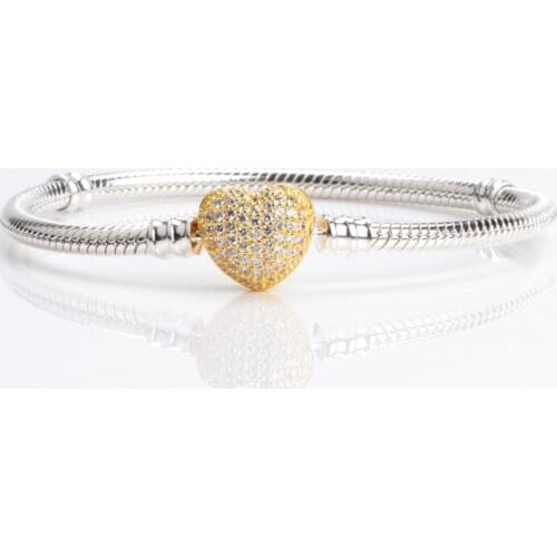 100% 925 Sterling Silver gold color Heart Buckle with clear Zircon Bracelet For Women Fit Charms Beads Bracelet silver Jewelry