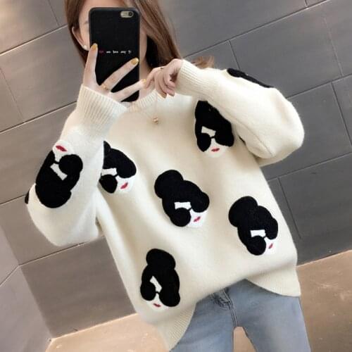 Paris Girl Pull Femme Winter Autumn Oversized Knitted Sweater Women Lantern Sleeve Embroidery Cartoon Thicken Pullovers Jumper