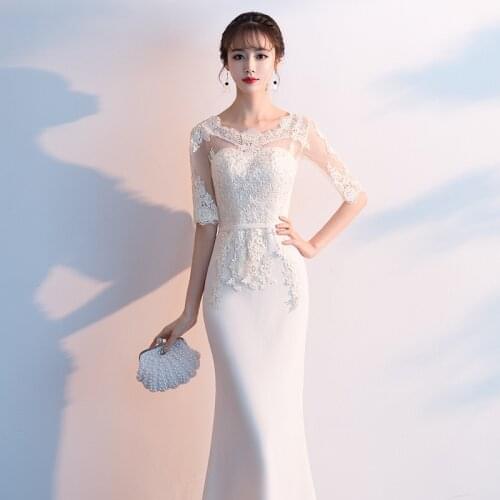 White Lace Prom Dresses Women Long Slim Mermaid Prom Gown Temperament O-Neck Evening Party Dress Robe De Soiree