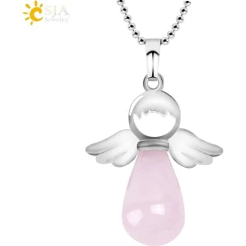 CSJA Angel Natural Stone Necklaces Pink Quartz Lapis Lazuli Necklace Angels Pendants for Women Purple Female Jewelry Gift E947