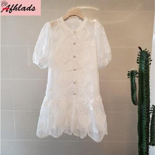 Summer New Vintage Lace Women Dress Lantern Short Sleeve Hollow Out Solid Color Embroidery Ruffles Patchwork Mini Dress