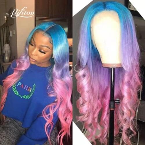 ALIFITOV Blue Purple Pink Ombre Lace Front Wigs Body Wave Wig Human Hair Wigs Transparent Lace Wigs With Baby Hair For Women