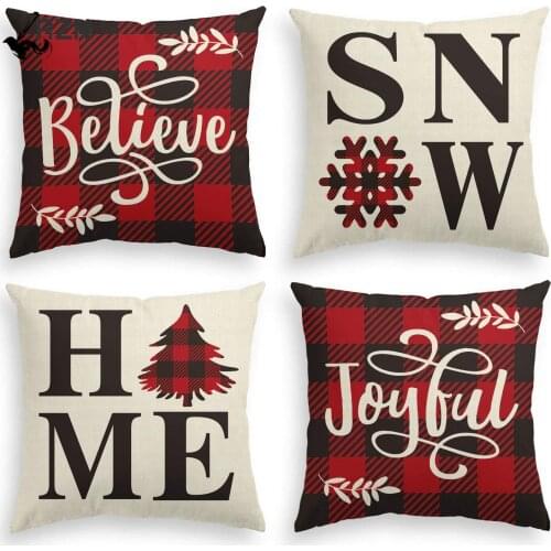 Buffalo Plaid Believe Joyful Home Snow Pillow Cover Christmas Winter Holiday Snowflake Cushion Case Decoration for Sofa Couch