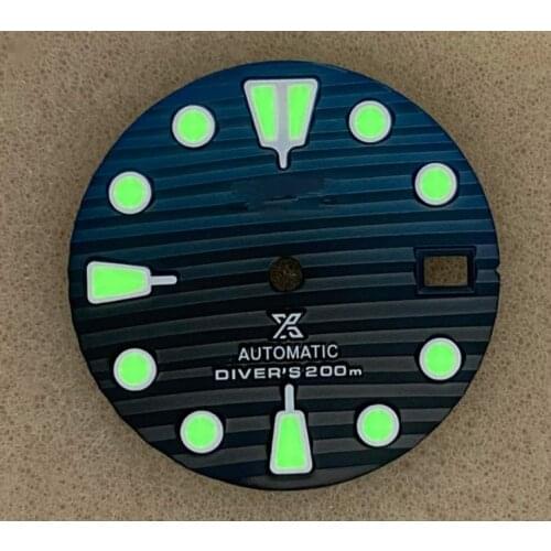 28.5mm Green Luminous Black and Blue Watch Dial for NH35/4R36 with S Logo